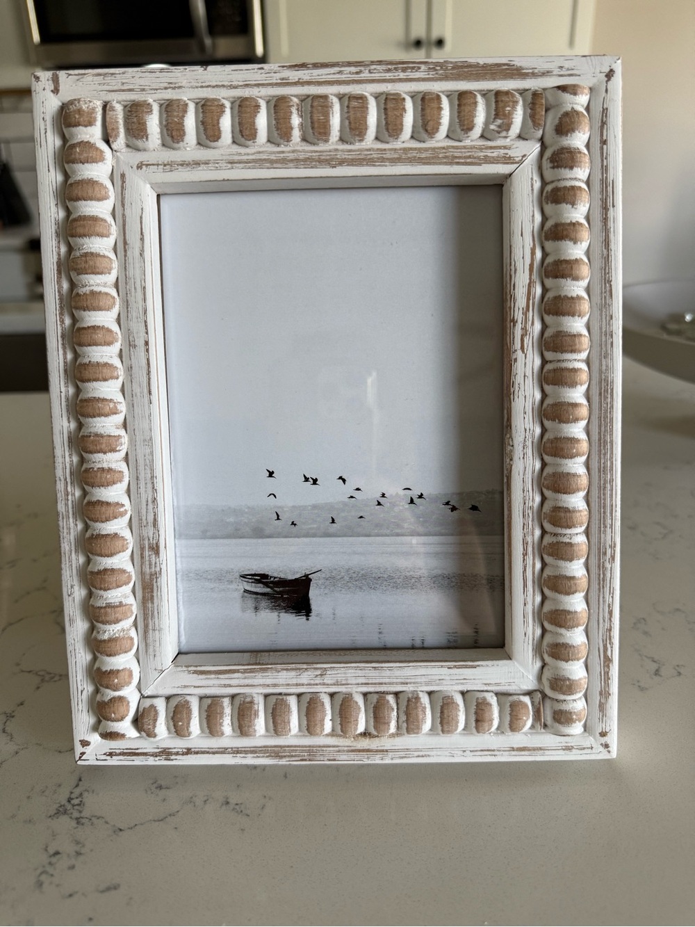 Distressed White and Natural Wood Beaded Picture Frame